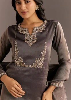 Dark Purple Organza Tissue Embroidered Kurta Pant With Embroidered Dupatta