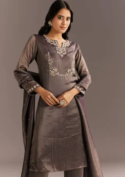 Dark Purple Organza Tissue Embroidered Kurta Pant With Embroidered Dupatta