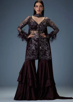 Dark Purple Satin Triple Layered Gathered Sharara With Feather Sleeves Jacket And Bustier