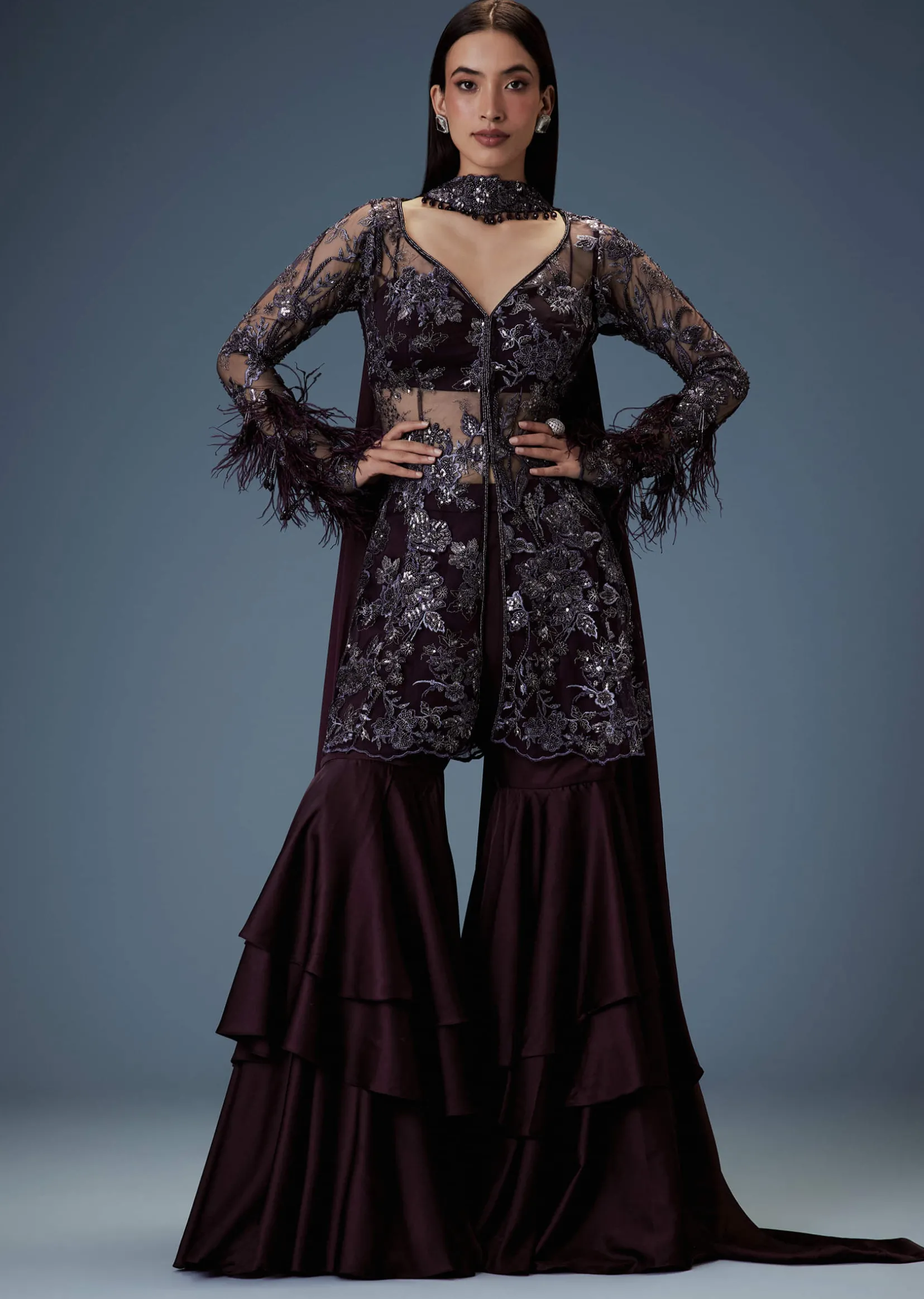 Dark Purple Satin Triple Layered Gathered Sharara With Feather Sleeves Jacket And Bustier