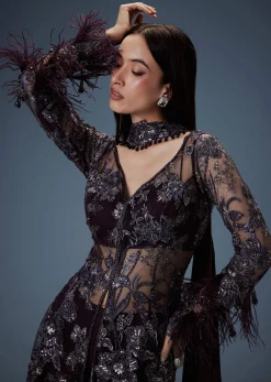 Dark Purple Satin Triple Layered Gathered Sharara With Feather Sleeves Jacket And Bustier