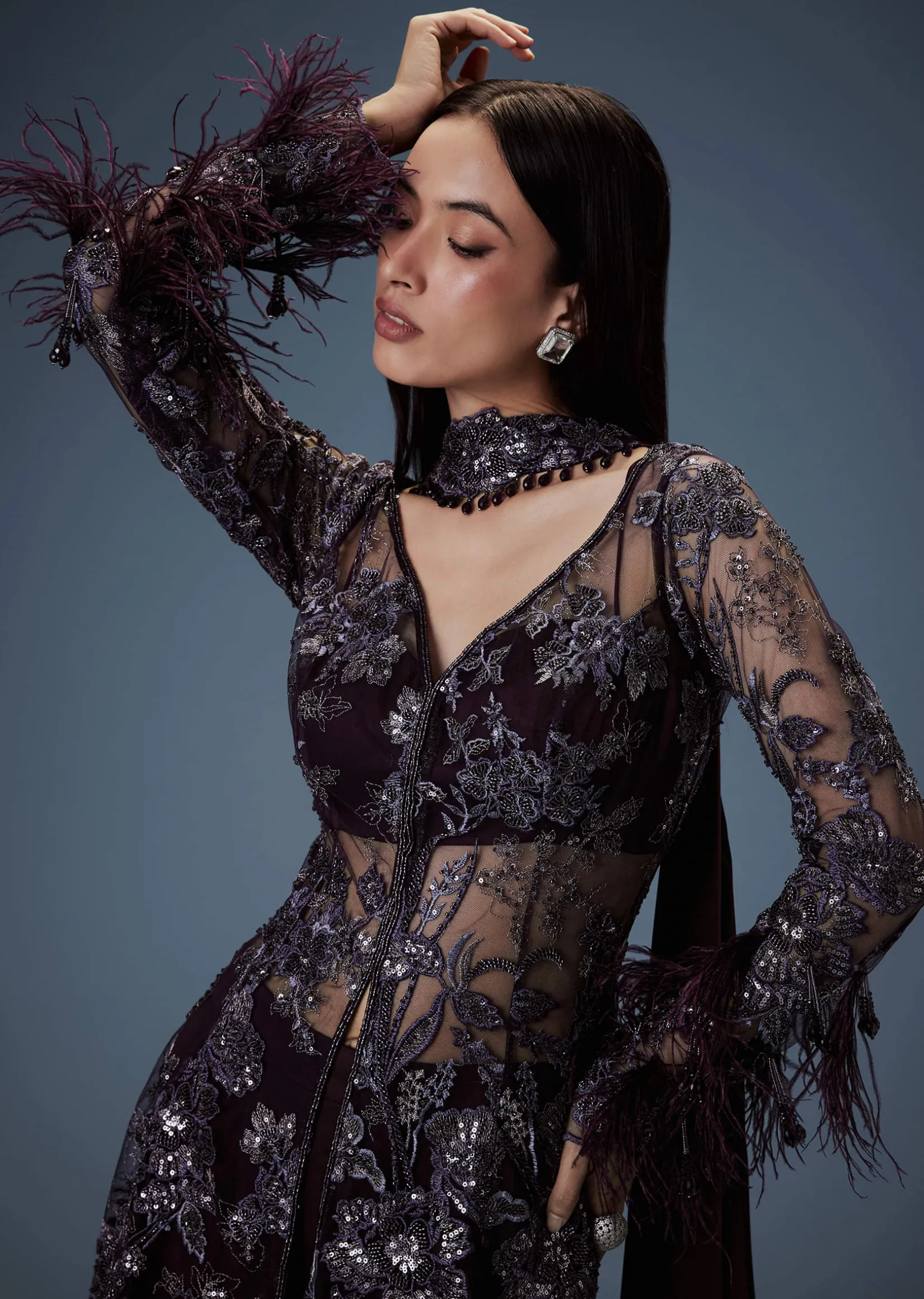 Dark Purple Satin Triple Layered Gathered Sharara With Feather Sleeves Jacket And Bustier