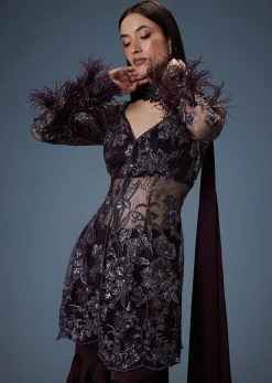 Dark Purple Satin Triple Layered Gathered Sharara With Feather Sleeves Jacket And Bustier