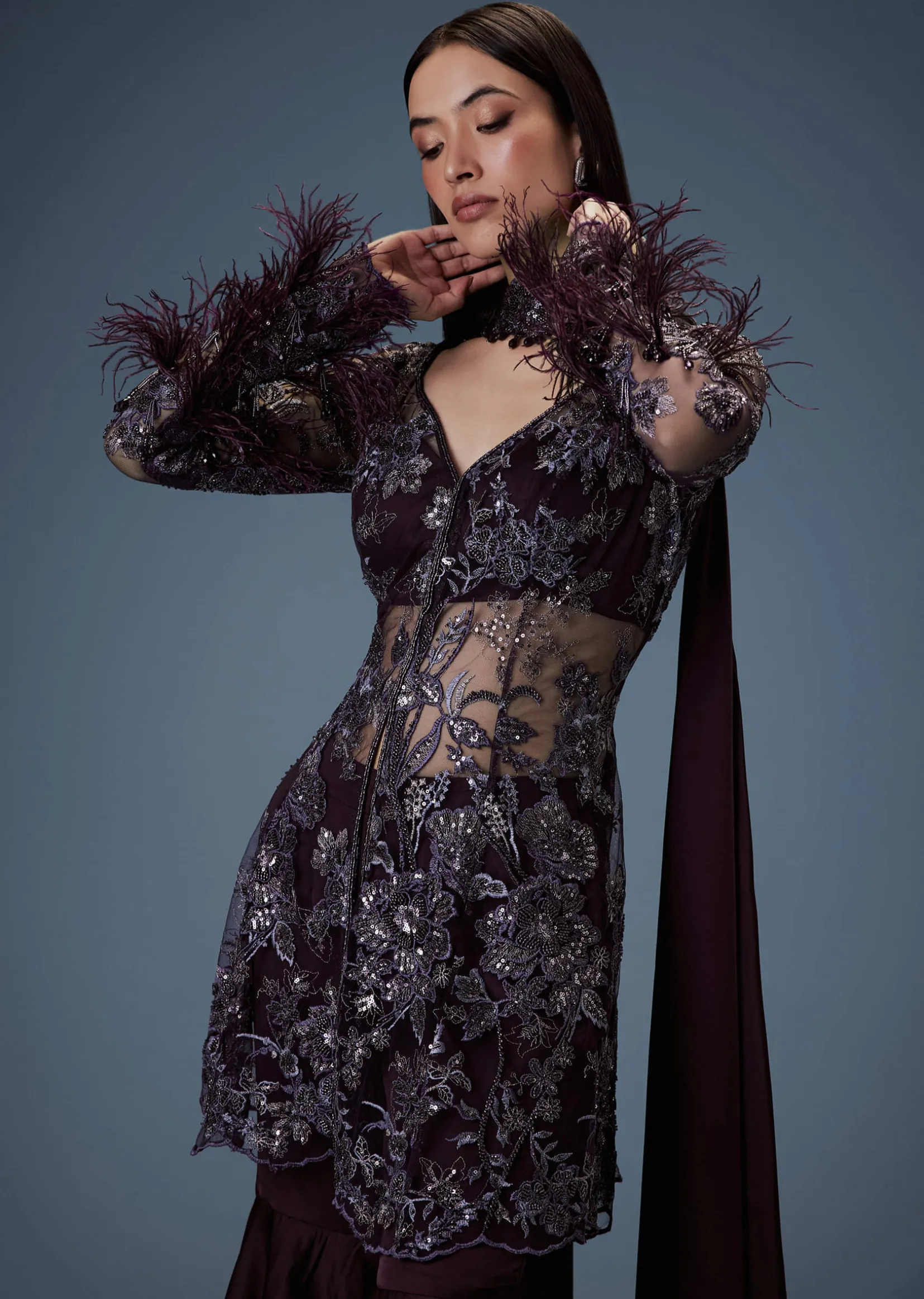 Dark Purple Satin Triple Layered Gathered Sharara With Feather Sleeves Jacket And Bustier