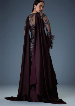 Dark Purple Satin Triple Layered Gathered Sharara With Feather Sleeves Jacket And Bustier
