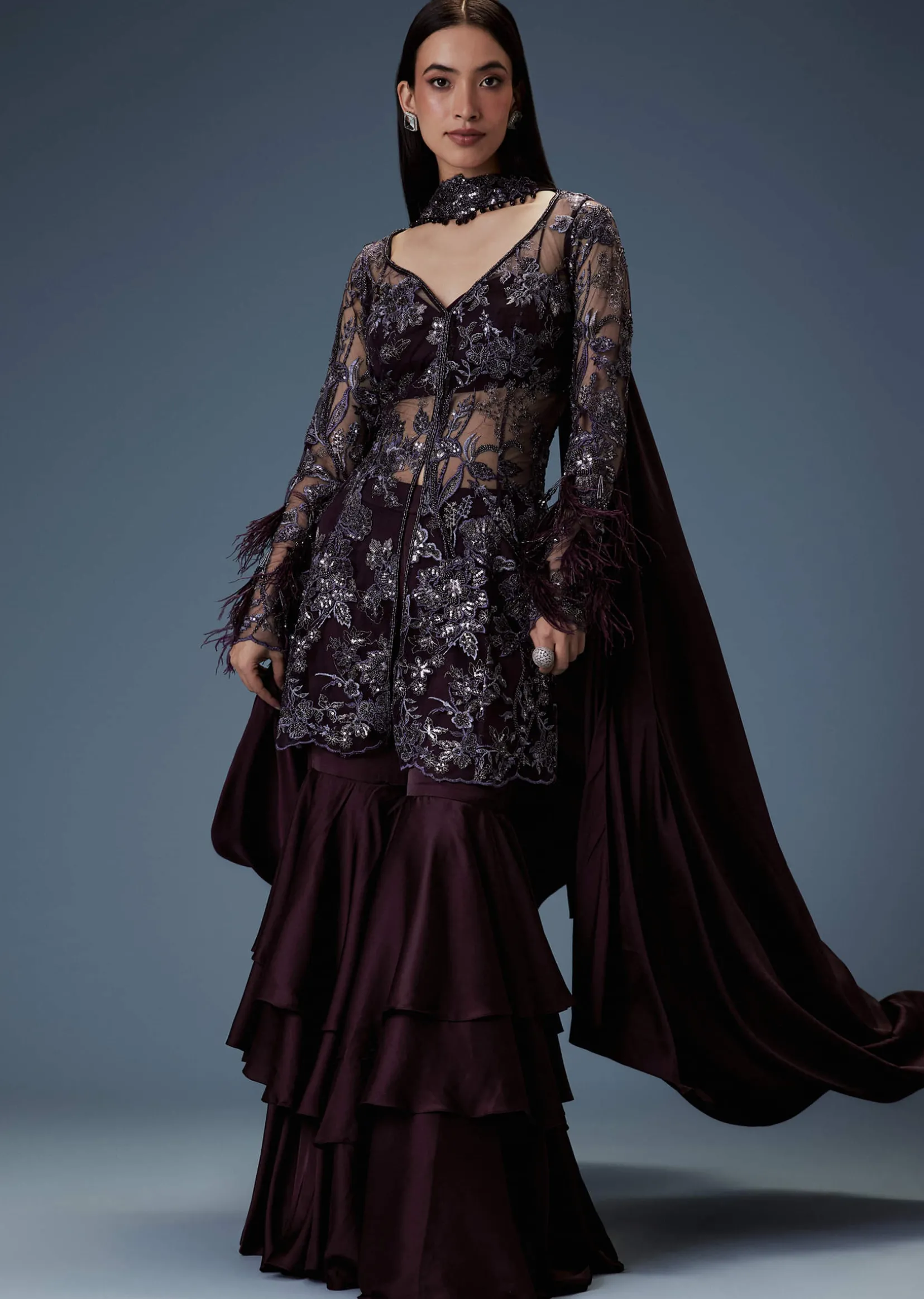Dark Purple Satin Triple Layered Gathered Sharara With Feather Sleeves Jacket And Bustier