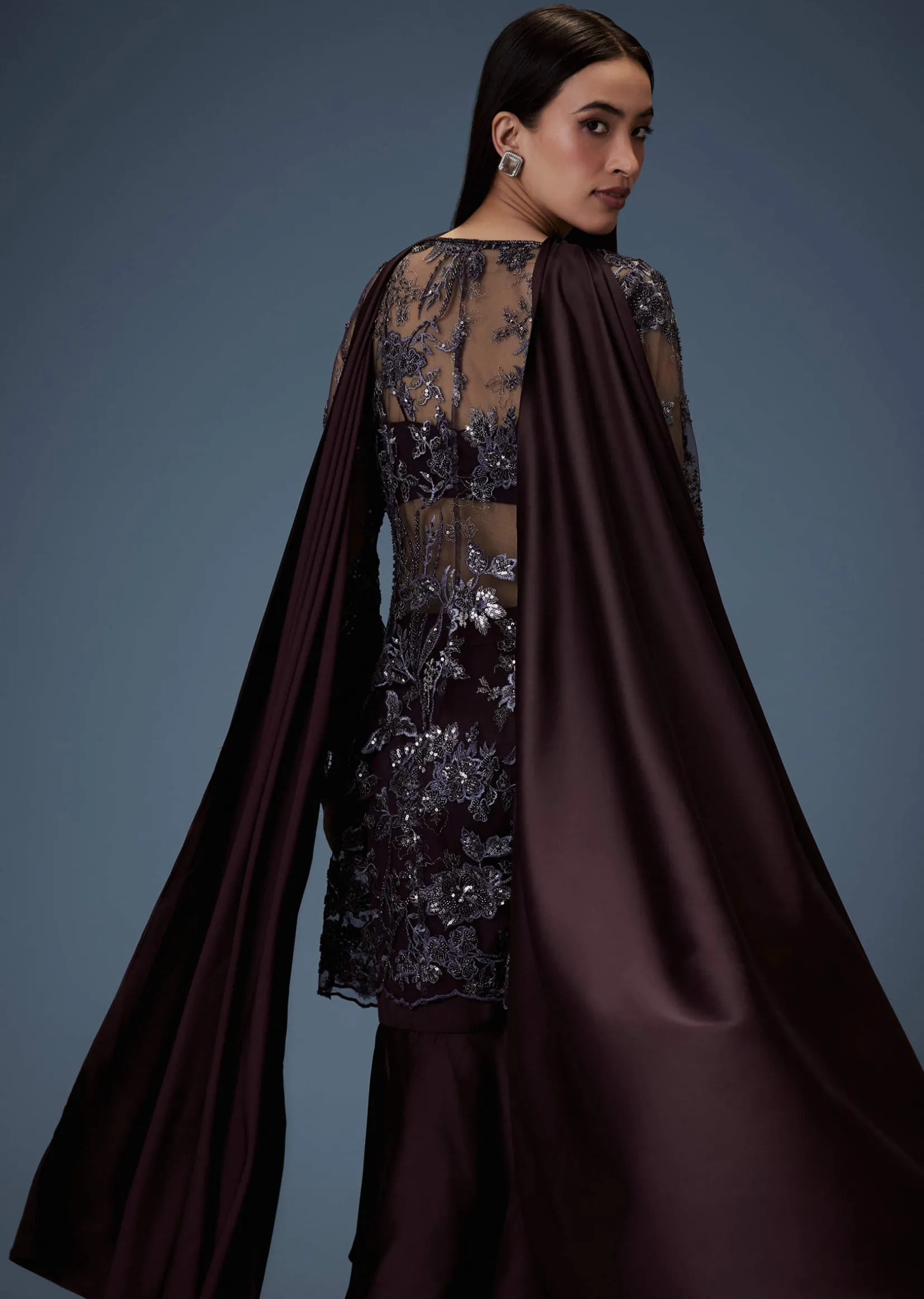 Dark Purple Satin Triple Layered Gathered Sharara With Feather Sleeves Jacket And Bustier