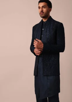Dashing Blue Jacquard Indowestern For Men