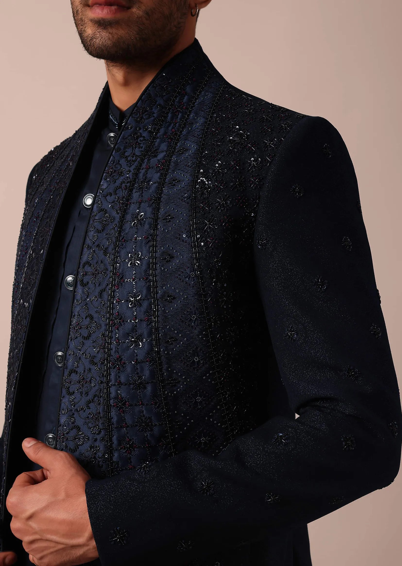 Dashing Blue Jacquard Indowestern For Men