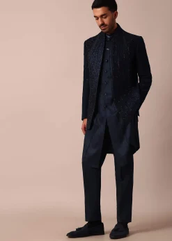 Dashing Blue Jacquard Indowestern For Men