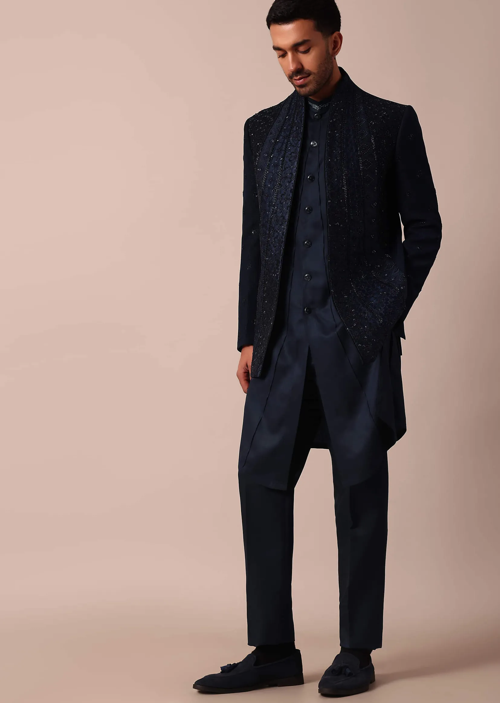 Dashing Blue Jacquard Indowestern For Men