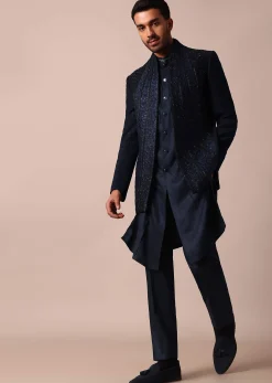 Dashing Blue Jacquard Indowestern For Men