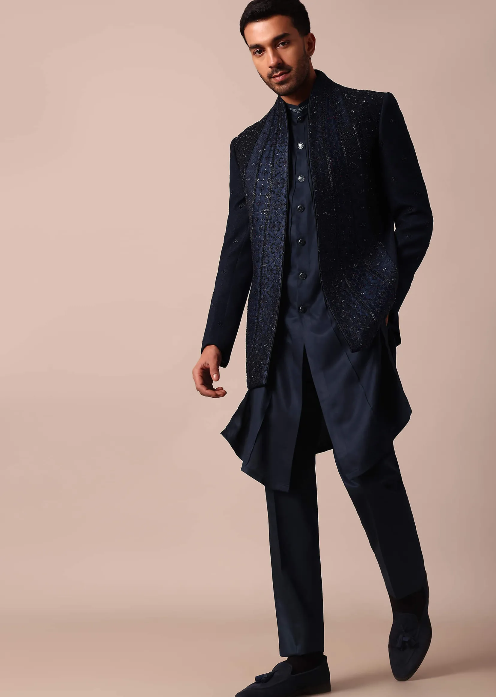 Dashing Blue Jacquard Indowestern For Men