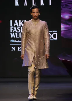 Deep Bronze Banarasi Brocade Sherwani Suit With Dupatta