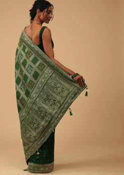 Deep Green Dola Silk Banarasi Saree With Bandhani Waeve