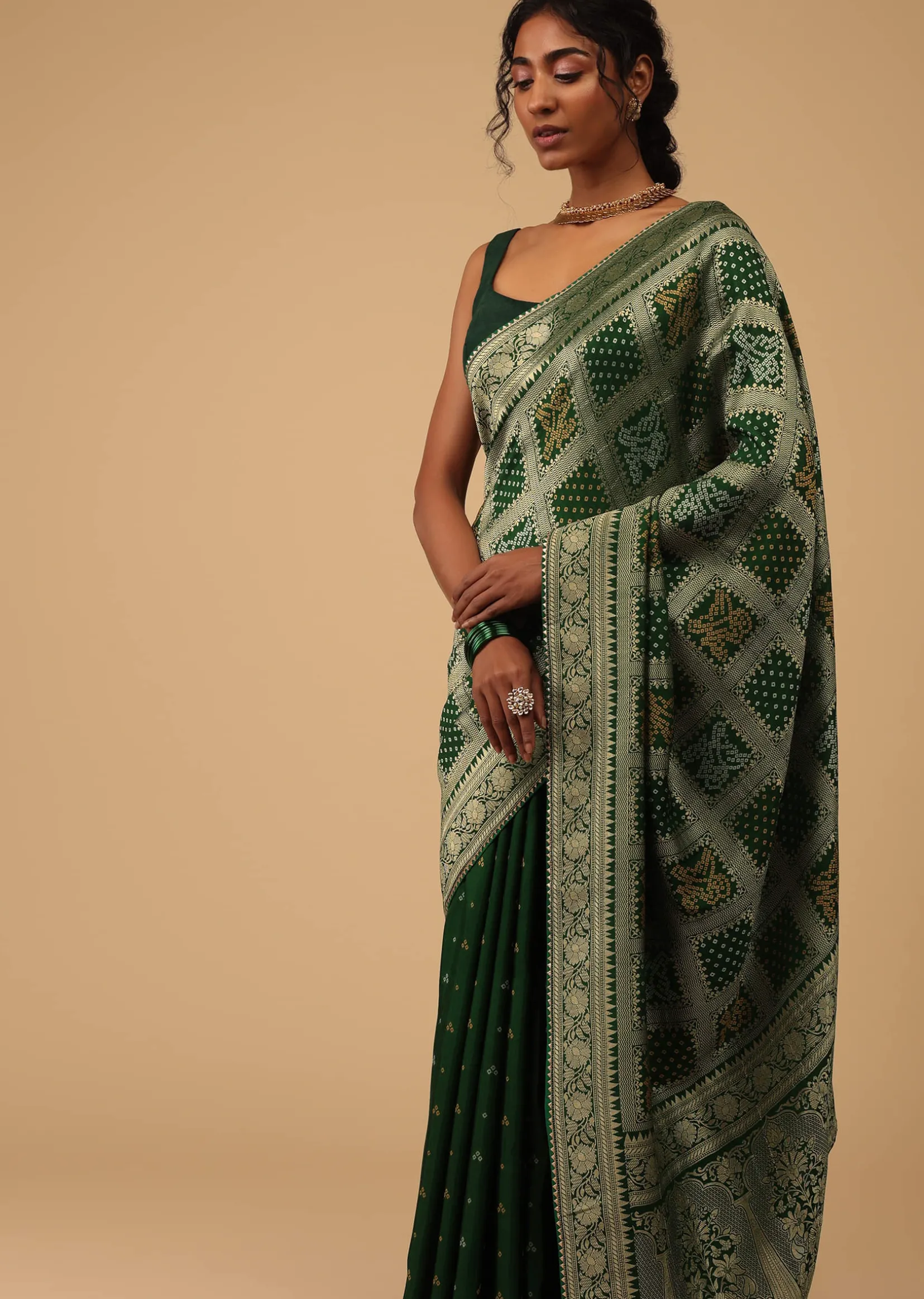 Deep Green Dola Silk Banarasi Saree With Bandhani Waeve