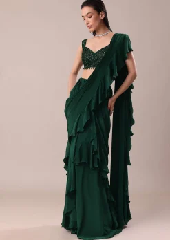 Deep Green Frill Saree With Blouse