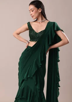 Deep Green Frill Saree With Blouse