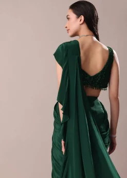 Deep Green Frill Saree With Blouse