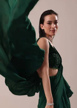 Deep Green Frill Saree With Blouse
