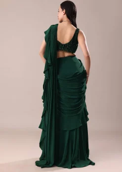 Deep Green Frill Saree With Blouse