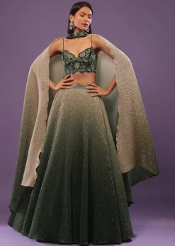 Deep Green Ombre And Gold Embroidered Lehenga Set With Sequins Embroidery