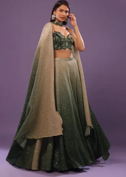Deep Green Ombre And Gold Embroidered Lehenga Set With Sequins Embroidery