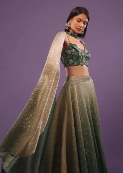 Deep Green Ombre And Gold Embroidered Lehenga Set With Sequins Embroidery