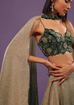Deep Green Ombre And Gold Embroidered Lehenga Set With Sequins Embroidery
