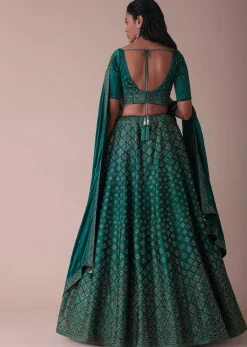 Deep Green Swarovski Embellished Lehenga In Wrinkle Satin