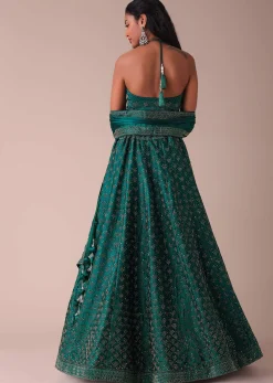Deep Green Swarovski Embellished Lehenga In Wrinkle Satin
