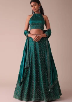 Deep Green Swarovski Embellished Lehenga In Wrinkle Satin