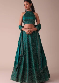 Deep Green Swarovski Embellished Lehenga In Wrinkle Satin