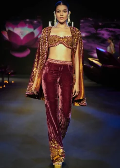 Deep Magenta Velvet Brocade Cape Jacket Suit