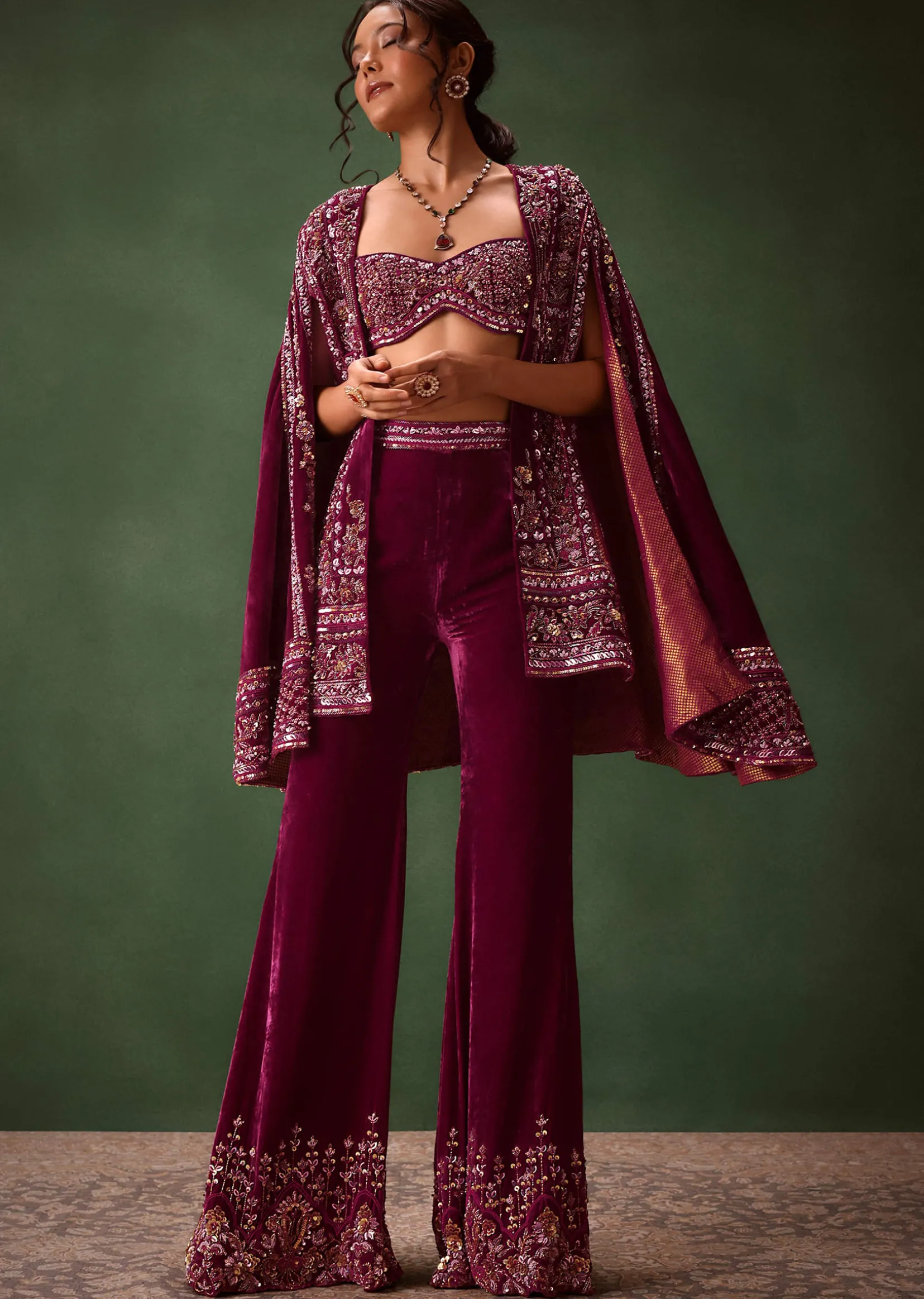Deep Magenta Velvet Brocade Cape Jacket Suit