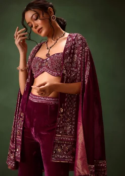 Deep Magenta Velvet Brocade Cape Jacket Suit