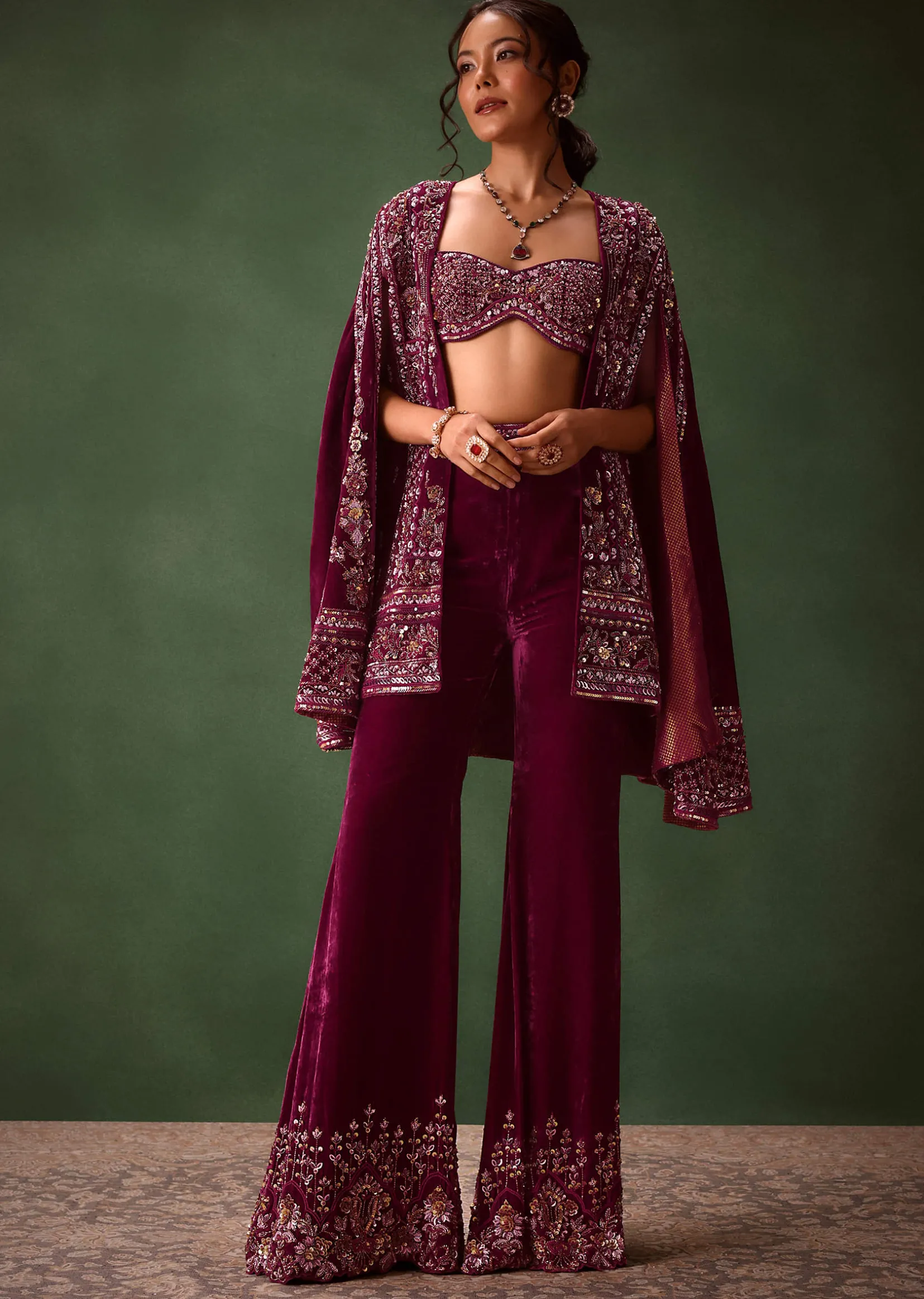 Deep Magenta Velvet Brocade Cape Jacket Suit