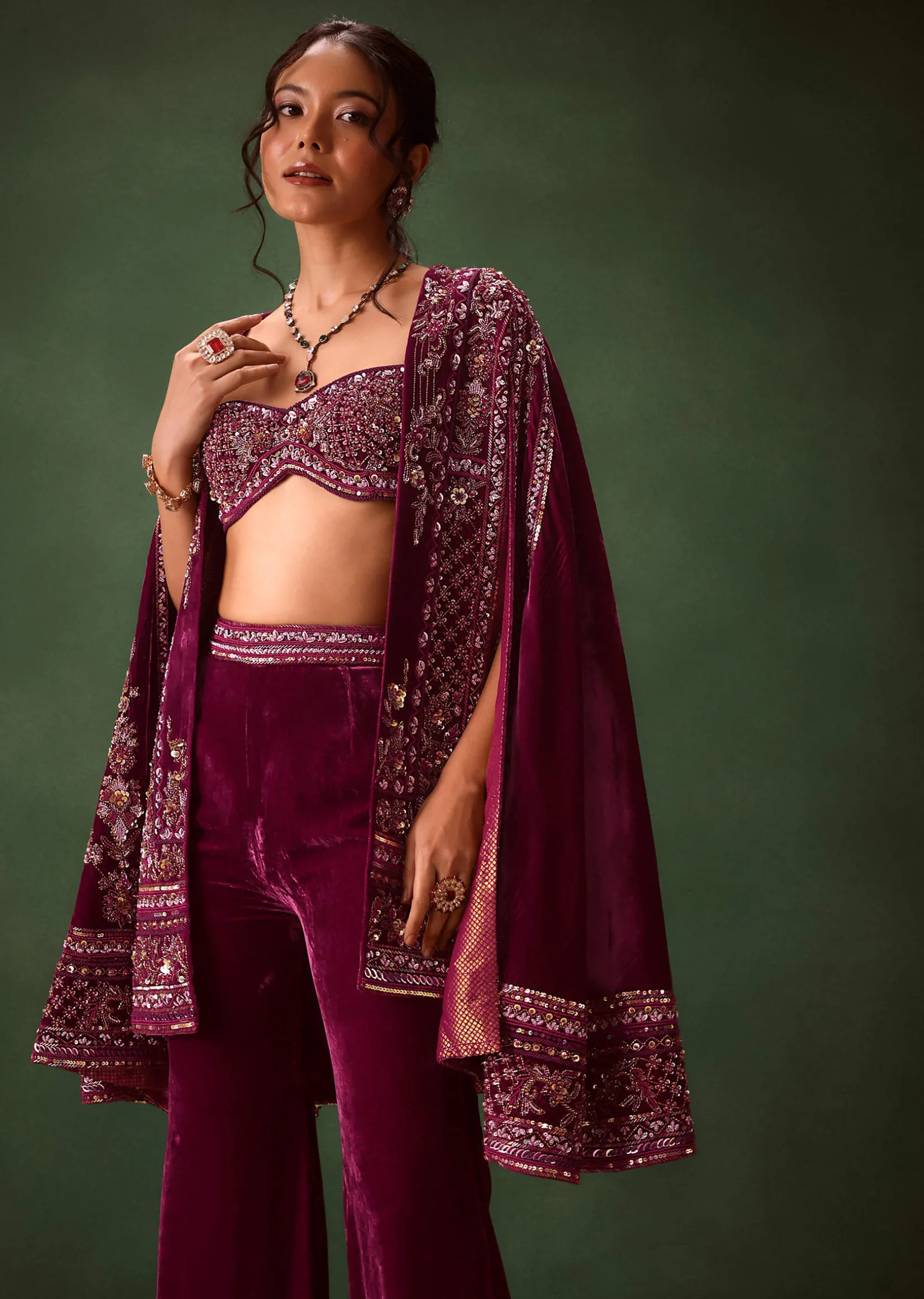 Deep Magenta Velvet Brocade Cape Jacket Suit