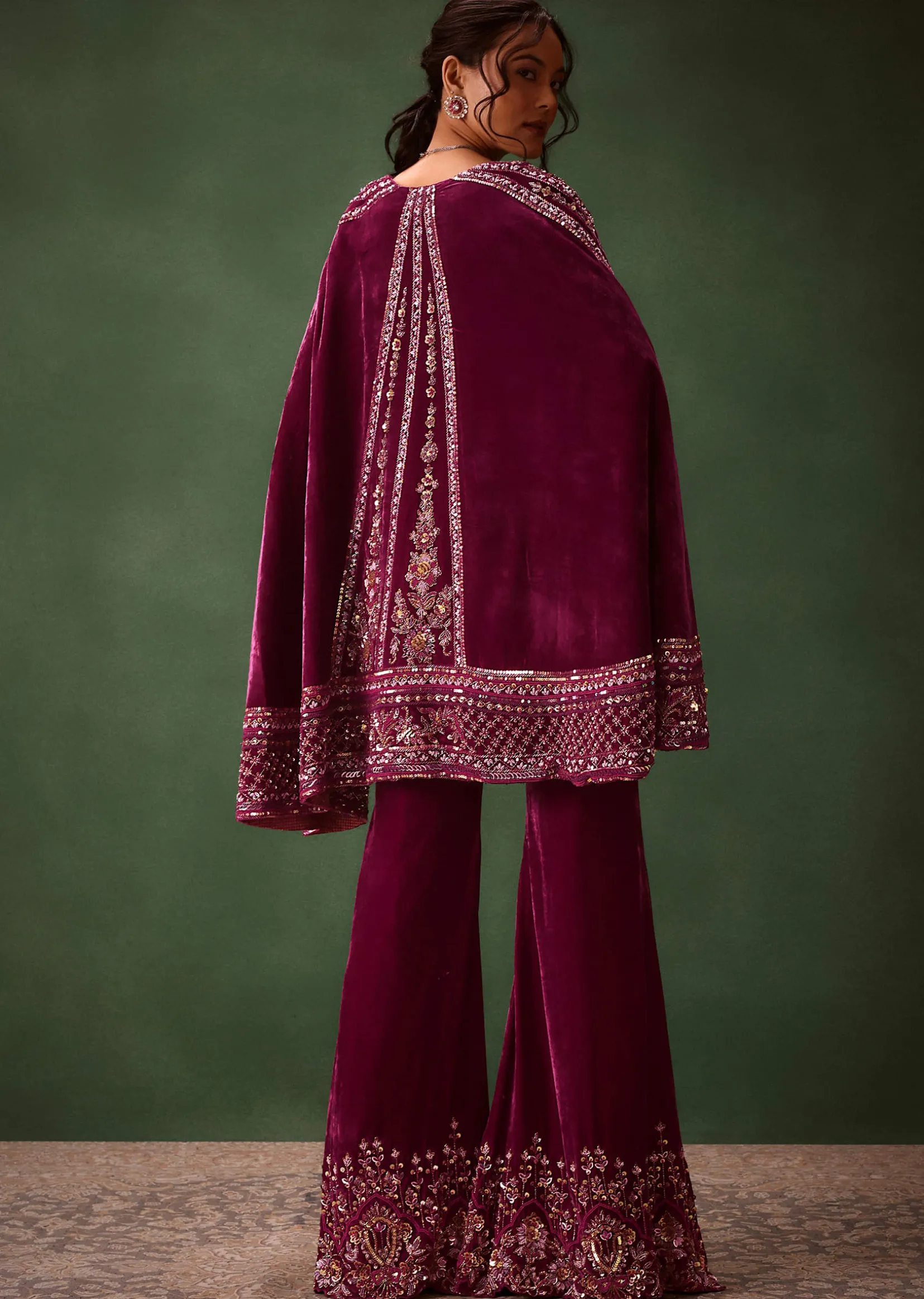 Deep Magenta Velvet Brocade Cape Jacket Suit