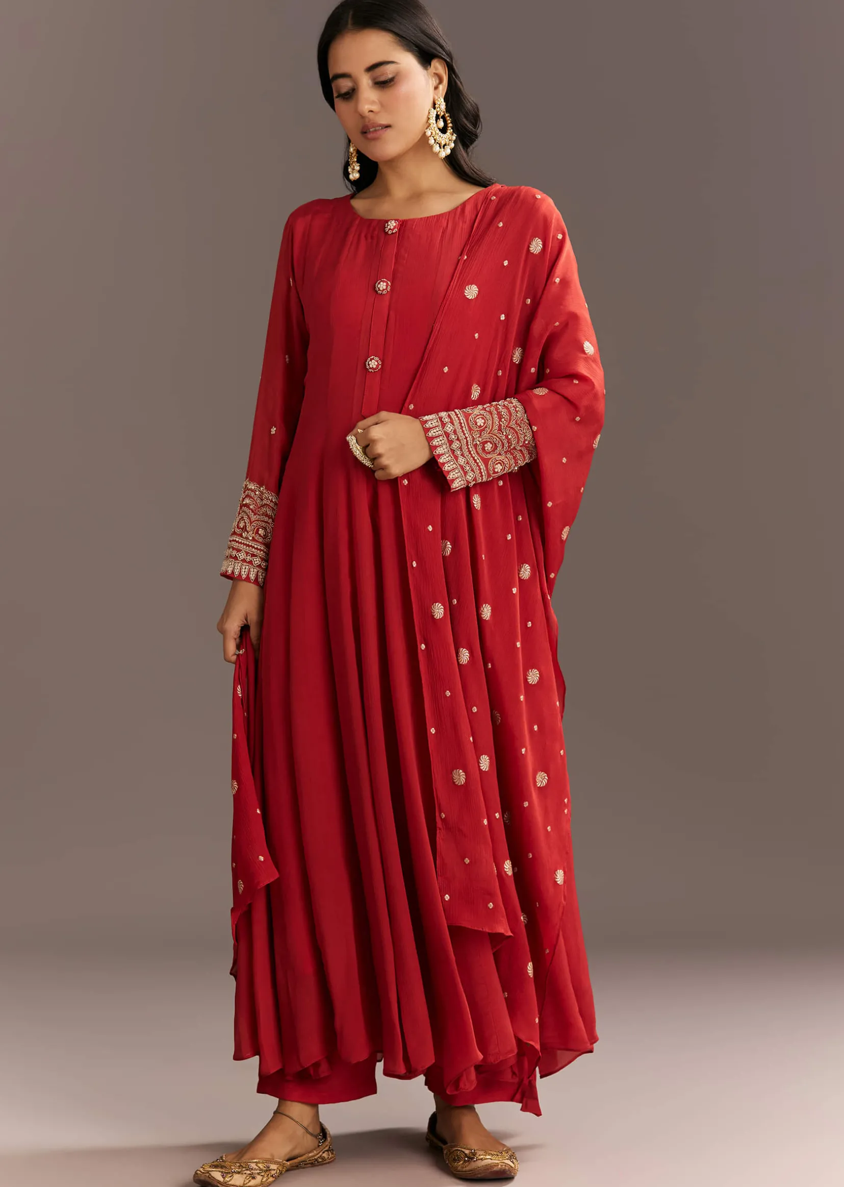 Deep Orange Chinon Kurta With Zardosi Sleeves And Butti Dupatta