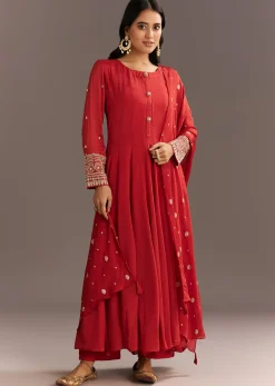 Deep Orange Chinon Kurta With Zardosi Sleeves And Butti Dupatta