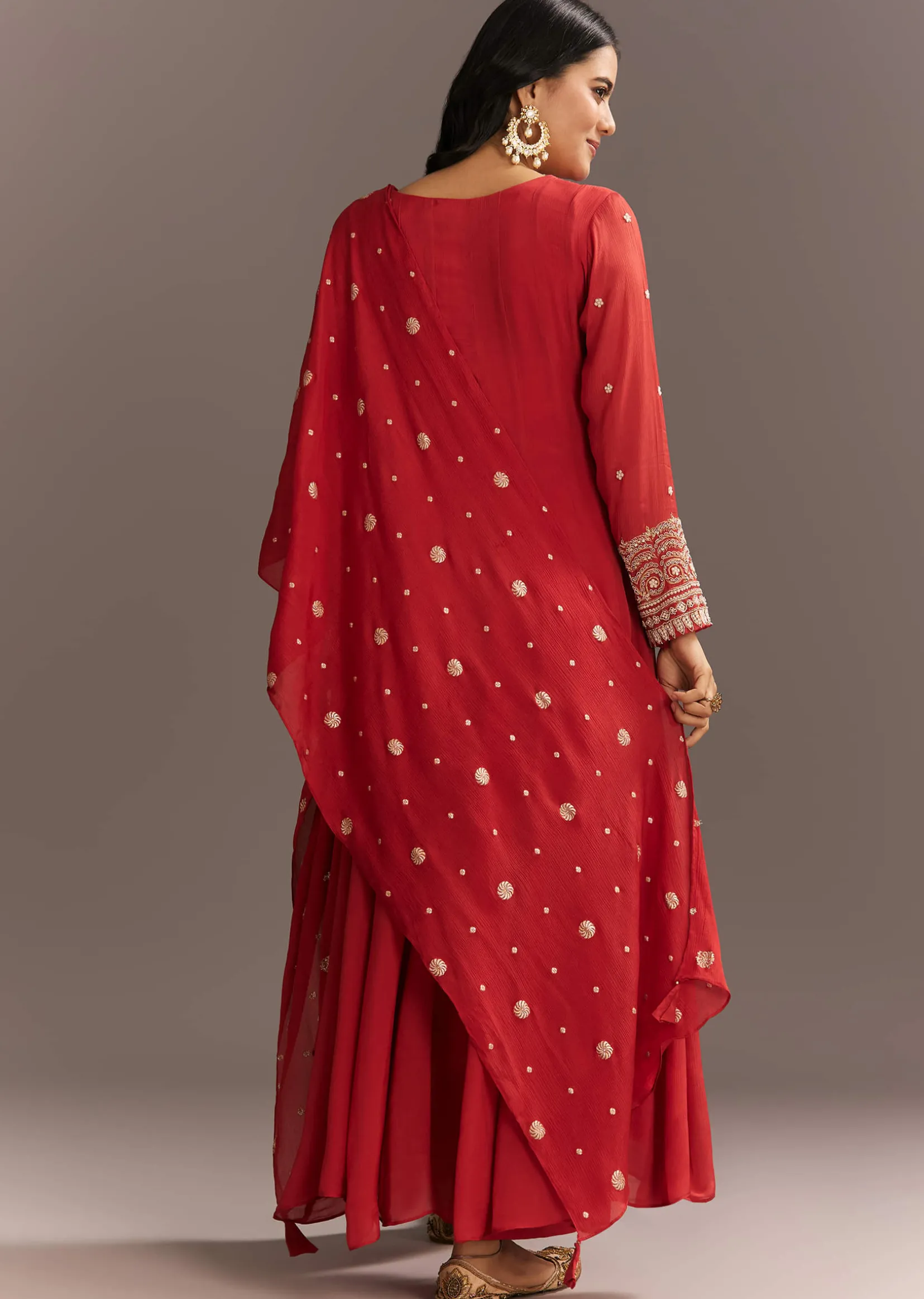 Deep Orange Chinon Kurta With Zardosi Sleeves And Butti Dupatta