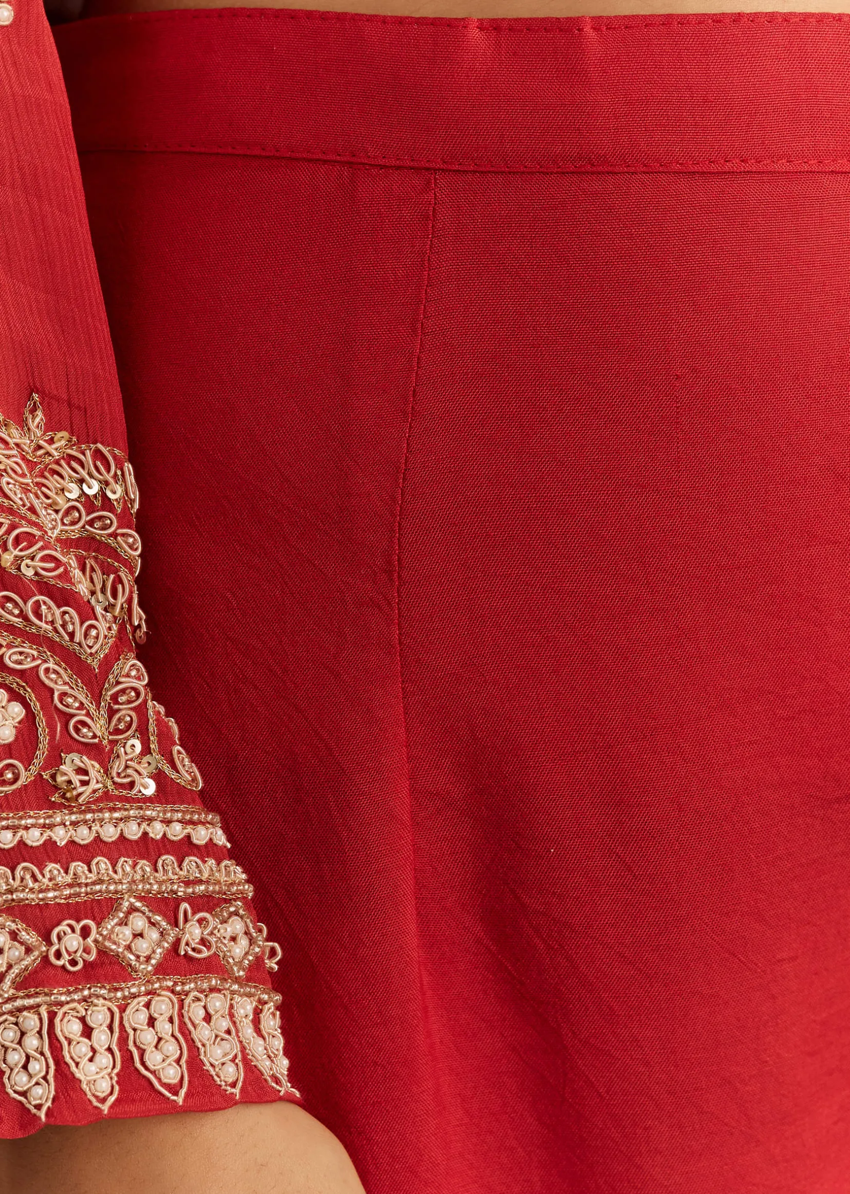 Deep Orange Chinon Kurta With Zardosi Sleeves And Butti Dupatta