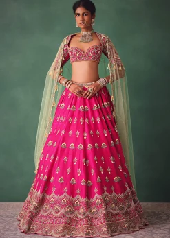Deep Pink Bridal Butti Work Lehenga With Tassels on Blouse And Dupatta