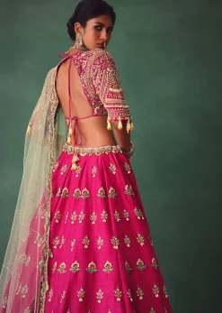Deep Pink Bridal Butti Work Lehenga With Tassels on Blouse And Dupatta