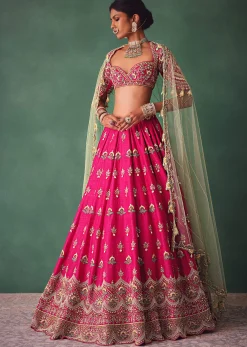 Deep Pink Bridal Butti Work Lehenga With Tassels on Blouse And Dupatta
