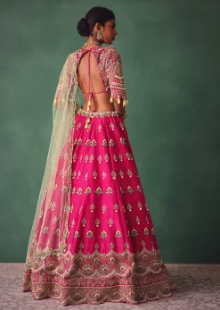 Deep Pink Bridal Butti Work Lehenga With Tassels on Blouse And Dupatta