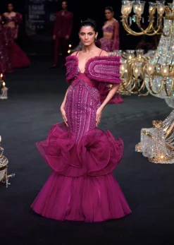 Deep Purple Organza Fish Cut Gown With 3D Ruffles
