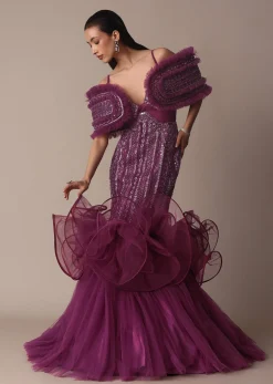 Deep Purple Organza Fish Cut Gown With 3D Ruffles