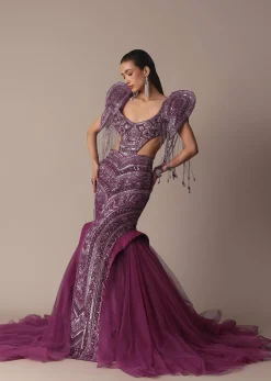 Deep Purple Organza Fishcut Gown With 3D Tassel Sleeves